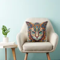 Mystic Boho Feline Mandala Throw Pillow