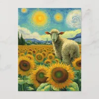 Sheep in the Sunflower Field Faux Van Gogh Postcard