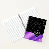 Elegant Black Marble & Purple Foil Monogram Notebook