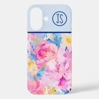 Pink and Blue Watercolor Flowers Monogrammed iPhone 16 Case