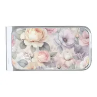 Elegant Rose Blossoms Silver Finish Money Clip