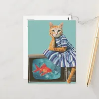 Cat With Goldfish on TV Retro Collage Postcard