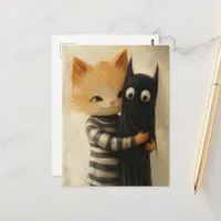 Adorable ginger cat and a black kitty ghost postcard