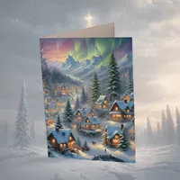 Christmas in a mountain village, polar lights,   card