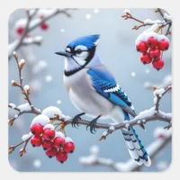 A Pretty Blue Jay on a Snowy Branch Christmas Square Sticker