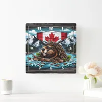 Canadian Beaver Building Dam in Rocky Landscape Square Wall Clock