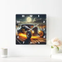 Vintage hot rod cruising by the lakeside at night square wall clock