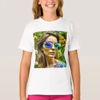 Beautiful Girl with Sunglasses Reflection Flowers T-Shirt