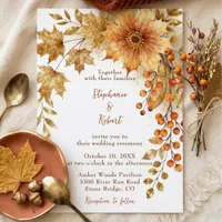 Rustic Fall Wedding Watercolor Gold Autumn Leaves Invitation