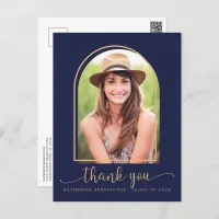 Chic Navy Blue Gold Photo Graduation Thank You Postcard