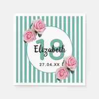 18th birthday pink florals teal green stripes name napkins