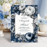Modern Blues & Gray Floral Wedding Invitation