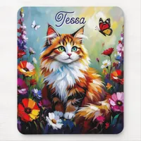 Cute Whimsical  Cat, Flowers and Butterflies Mouse Pad