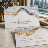 Monogram Dusty Blue Agate Gold Nuggets Foil Business Cards