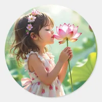 Pretty Little Girl Smelling a Pink Rose Classic Round Sticker