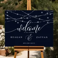 String Lights Navy Blue Elegant Wedding Welcome Foam Board