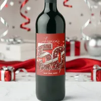 Elegant Glittery Red and Silver 50th Birthday Wine Label