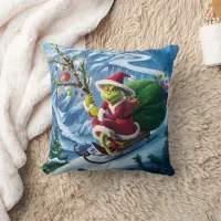 The Grinch joyfully sledding down a snowy mountain Throw Pillow