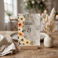 Watercolor Cream Orange Grey Floral Fall Wedding Table Number