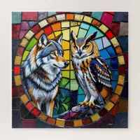 Mosaic Wolf and Owl Vibrant Art Jigsaw Puzzle