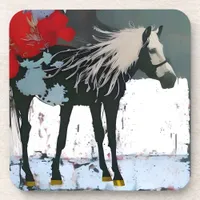 Horse and Red Flowers Beverage Coaster