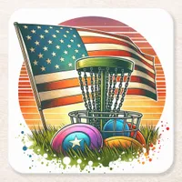 American Flag Disc Golf Vintage Sun Square Paper Coaster