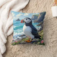 Cute Puffin on the Seashore themed   Throw Pillow