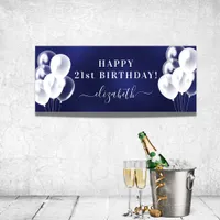 Birthday navy blue white balloons name script poster