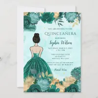 Teal Turquoise Gold Floral Princess Quinceañera  Invitation