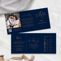 We Do Navy and Gold Photo QR Code Timeline Wedding Tri-Fold Invitation