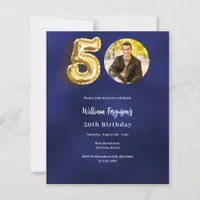 Navy blue gold photo 50th birthday invitation