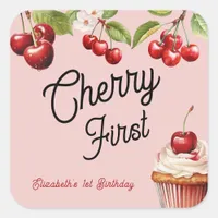 Cute Cherry First 1st Girly Birthday Pink Square Sticker