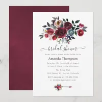 Boho Chic Burgundy & Navy floral Brunch and Bubbly Invitation