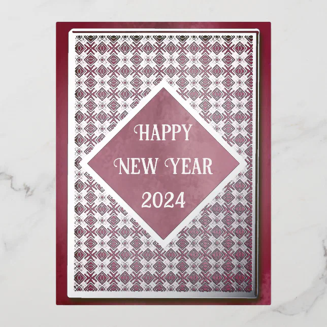 Happy new year 2024 silver pattern and frame foil holiday postcard