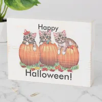 Adorable Kittens on Pumpkins for Halloween Wooden Box Sign