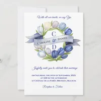 Elegant Watercolor Tulip Wreath Wedding Blue Ivory Invitation