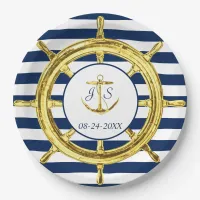 Navy Blue Stripes Gold Nautical Wedding Paper Plates