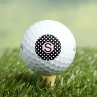 Pink and Black, Name and Initial with Polka Dots Golf Balls