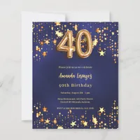 40th birthday navy blue gold stars invitation
