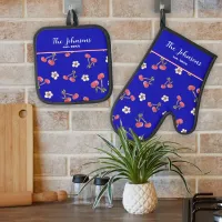 Red White Blue Kitschy Summer Cherry  Oven Mitt & Pot Holder Set