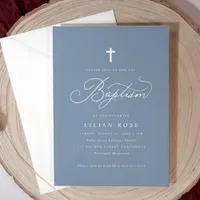Elegant Baptism Script Cross Dusty Blue Invitation