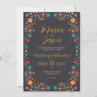 Mexican Navy Floral Aesthetic Folk Art Wedding Invitation