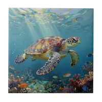 A Sea Turtle and Sun Rays in the Ocean Blue Ceramic Tile