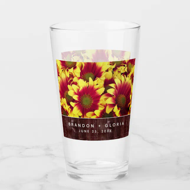 Rustic Autumn Sunflowers on Fence Wedding Glass