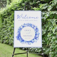 Classic Blue Hydrangea Floral Wedding Welcome Sign