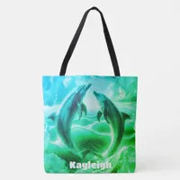 Monogram Blue & Green Dolphins Ocean | Tote Bag