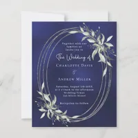 Navy blue silver greenery wedding invitation