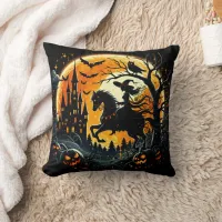 A witch rides under a spooky harvest moon throw pillow