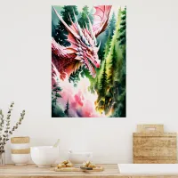 Fire breathing dragon vibrant pink scales poster