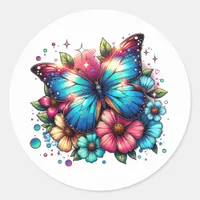 Blue Butterfly and Flowers  Classic Round Sticker